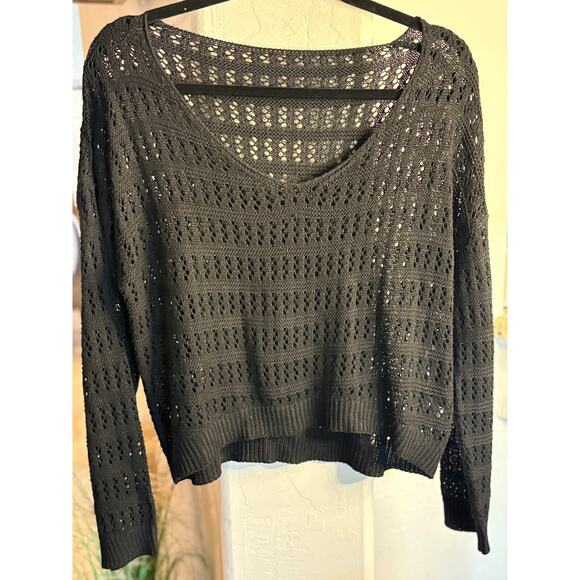 Women Sweater - Drop Shoulder Open Knit Sweater Black Size Small - Picture 3 of 6